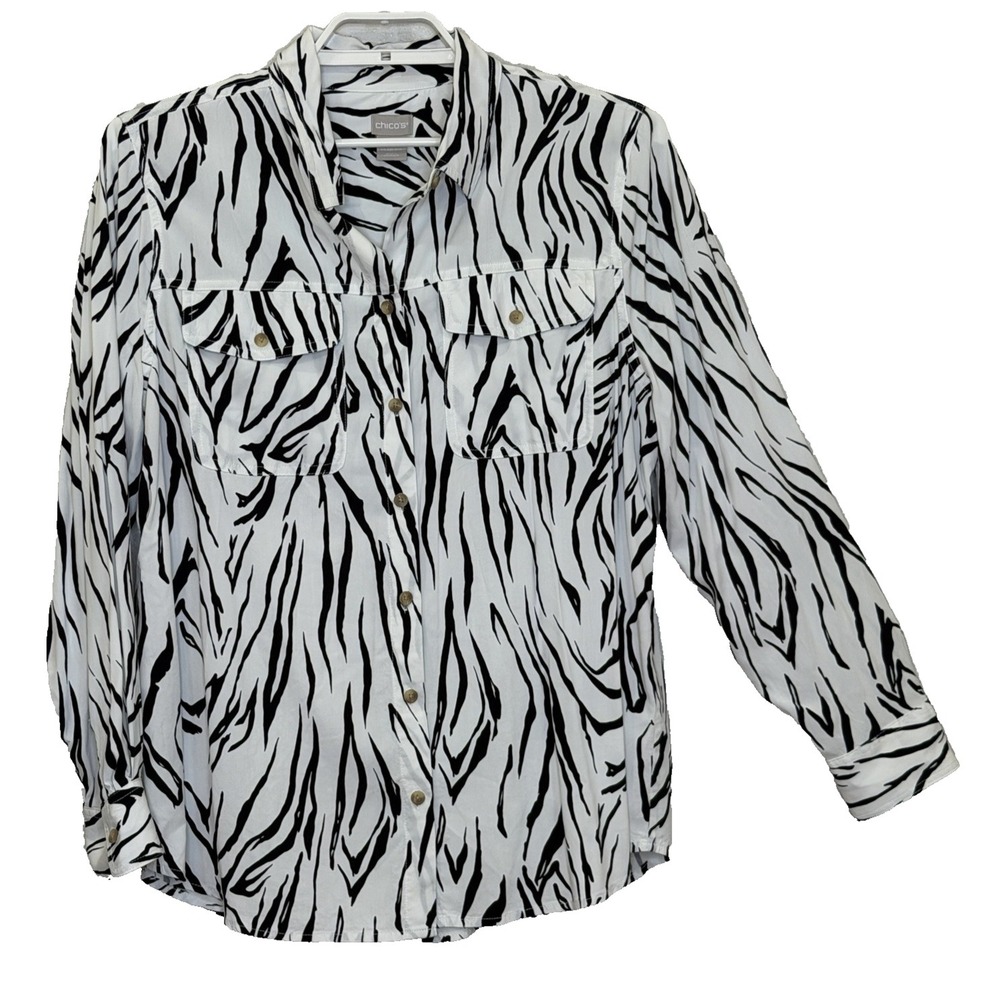 Chico's Button Down Shirt Top Sz 2 US 12/14 Black White Zebra Print Long Sleeve